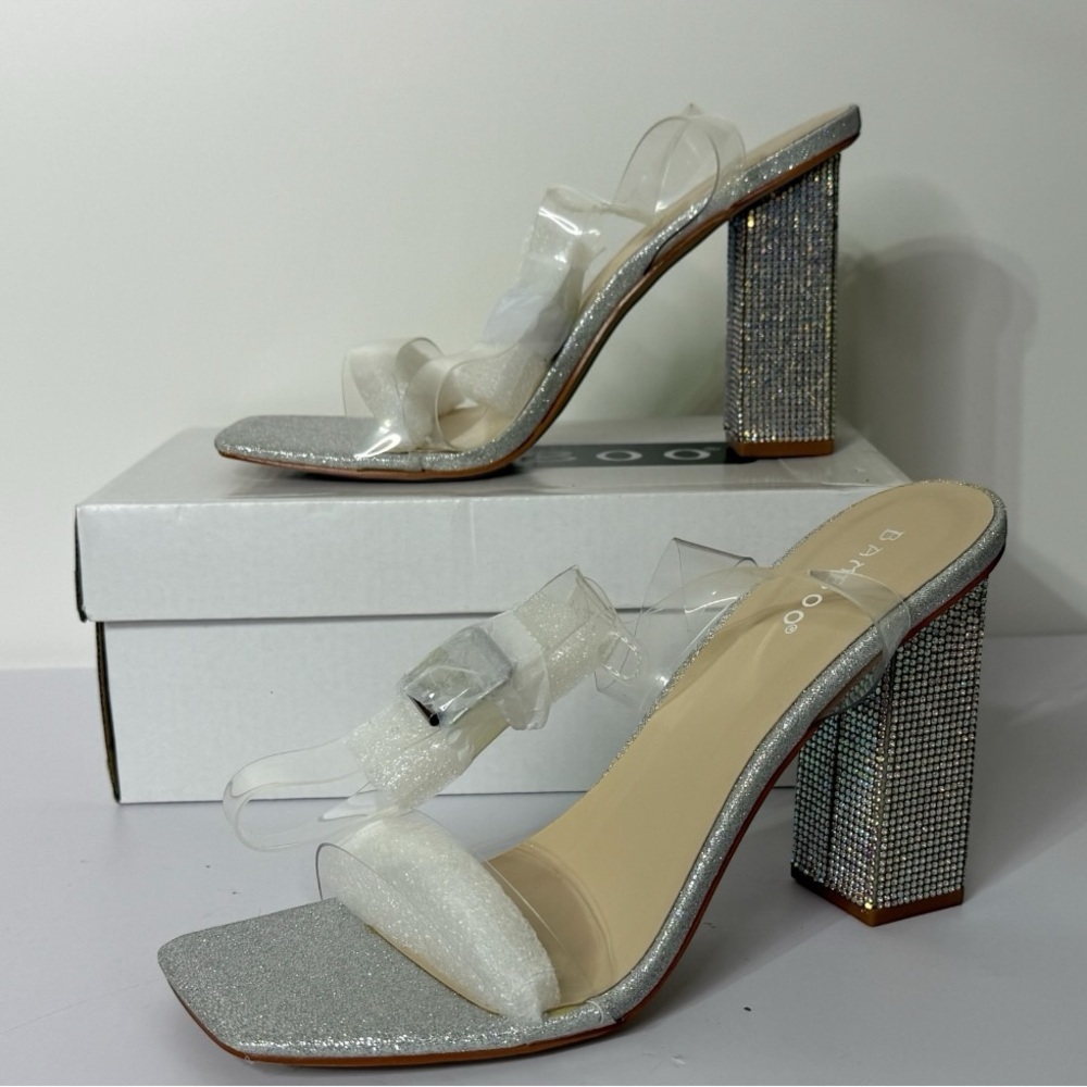 Bamboo Dreaming-07‎ Rhinestone Block Heel Clear Strap Dress Sandal Womens 8 1/2
